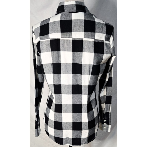 Norma Kamali Button Down Flannel Shirt Black White Buffalo Check Plaid Fitted - Picture 3 of 5
